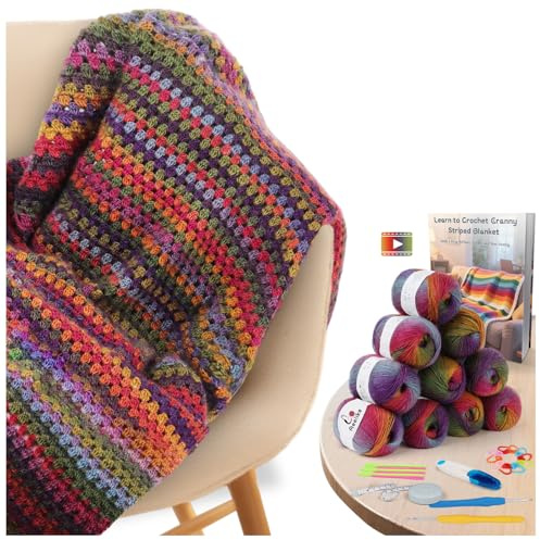 Aeelike Crochet Blanket Kit for Beginners Adults - Starter Crochet Kit with Step-by-Step Video Tutorials & Soft Ombre Yarn for Crochet Granny Stripe Blanket - Gradient Multi Purple