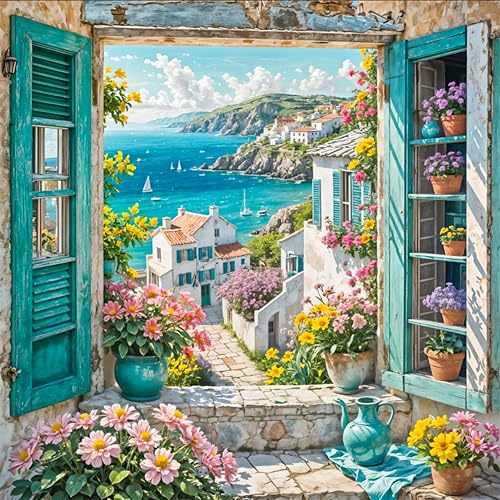 Paint by Numbers for Adults Seaside Window Landscape, 16 x 16 Inch | DIY Acrylic Painting Kit for Beginners, Relaxing Hobby Painting Kit for Home Wall Decor, Gift Idea for Craft Lovers