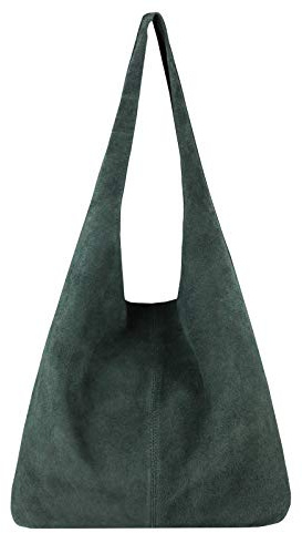 Made in Italy Damen echt Leder Tasche Rindsleder Shopper Schultertasche Umhängetasche Handtasche Beuteltasche Hobo Bag Ledertasche Reisetasche Sport Arbeit Urlaub Daily Bag groß Grün Wildleder