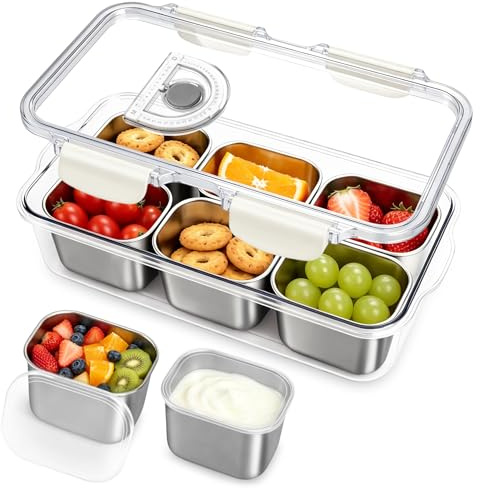 Caja Bento Snack Acero Inoxidable 6 Hermética Lavable Lavavajillas Estanca | Compartimentos Independientes para Frutas Galletas Salsas Acero Inoxidable 304 Alimentario Tapa Hermética Colegio Oficina