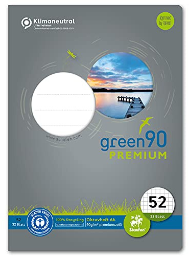 Staufen Quaderno verde per ottava, DIN A6, rigatura 52 (5 mm a quadretti da 5 mm), 32 fogli, carta riciclata, 90 g/m², angoli arrotondati per evitare le orecchie d'ascello, 1 pezzo