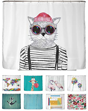 arteneur® - Hipster Katze Berlin - Anti-Schimmel Duschvorhang 240x200 - Recycelt mit Öko-Tex Standard 100 - Beschwerter Saum, Blickdicht, Wasserdicht, Waschbar, 16 Ringe & E-Book mit Reinigungs-Tipps