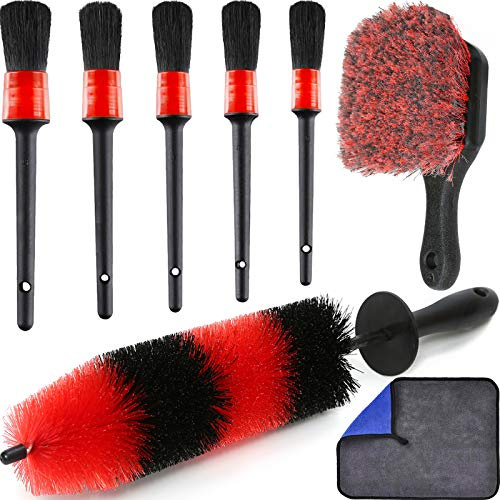 TAKAVU Complete Car Wheel Detailing Kit (8pcs) - Safe Scratch-Free 17 Barrel Brush, Tire Scrubber, 5 Detail Brushes & Towel for Rims, Interior, Exterior