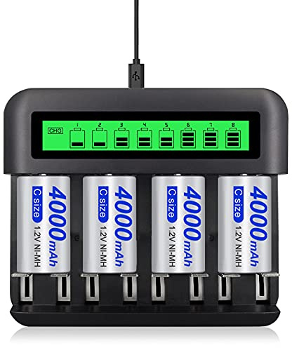 Tenberly AA AAA C D Universal Battery Charger with 4 Pack C Size 4000mAh Rechargeable Batteries