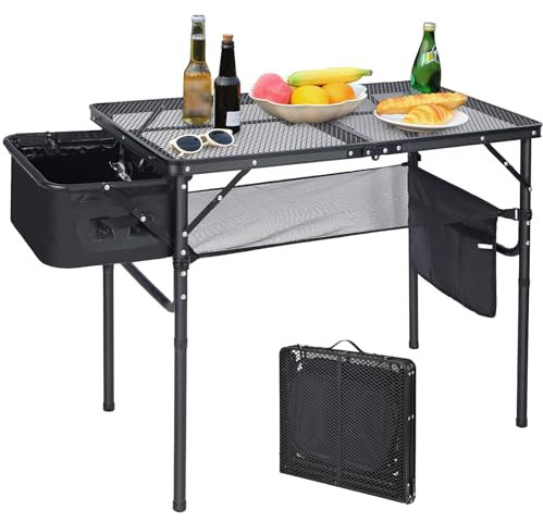 REDCAMP Folding BBQ Table, 2-Height Adjustable Aluminum Camping Table with Sink Side Pockets & Storage Mesh, Portable Grill Stand for Outdoor Cooking Picnic RV Fishing, 90x50cm, Black