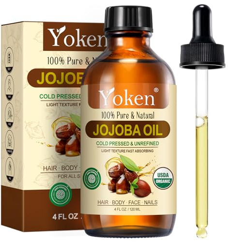 Yoken 4oz Jojoba Oil (EWG Verified) 100% Pure Cold Pressed Jojoba Oil for Face, Hair, Nails and Skin, Unrefined & Hexane Free, Natural Body Facial Moisturizer Multi-purpose oil Base Carrier Oil