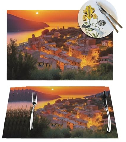 1 Platzdeckchen-Set, italienischer Sonnenuntergang, PVC-Vinyl, gewebte Tischsets, hitzebeständig, Bauernhaus-Platzset, rutschfest, waschbar, gewebte Tischsets für Esstisch, Küche, PVC-Tischmatte