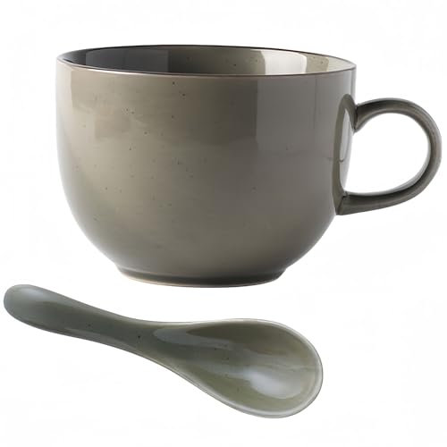 Dowbom Tazza da zuppa con manico e cucchiaio, ciotola per zuppa per microonde, tazza in ceramica, ciotola per colazione, tazza da brodo, tazza da brodo (grigio, 680,4 g)