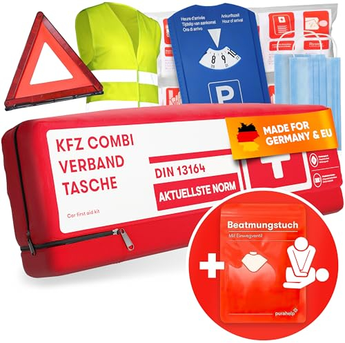 PURAHELP KFZ Kombitasche nach aktueller Norm 2025 DIN 13164 (StVO konform) - Inkl. Warndreieck, Warnweste, Parkscheibe - Verbandskasten Warndreieck Set Auto Verbandskasten 2025