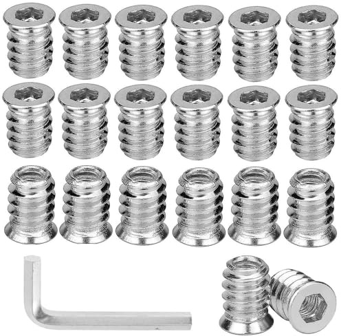 Frypay Insert Fileté Bois et Métal, Set de 20 Pièces M8x15mm avec Clé Allen, Insert Écrous à Visser Fileté, Manchons à Visser Vis Tête Insert Bois