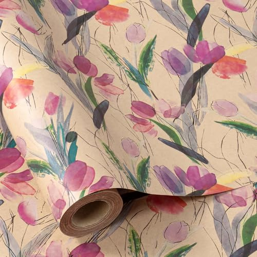 RUSPEPA Rollo de papel de regalo Kraft - Mini rollo - Diseño de flores y hojas rosas Ideal para cumpleaños, fiestas, baby shower - 43,2 cm x 10 m