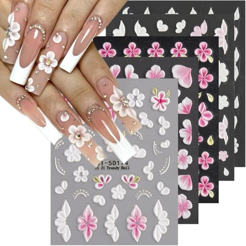 Fspronail 5D Embossed Flowers Nail Art Stickers, 5PCS Self-Adhesive Pink White Flower Sticker Floral Petals Cherry Blossom Butterfly Nail Decals French Tips Design Pegatinas para Uñas