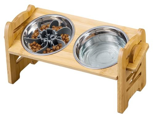 DOKKOME Hundenapf Höhenverstellbar Futternapf Erhöht Hundebars für Hunde mit Bambus Ständer für kleine Hunde und Katzen Futterstation rutschfest Edelstahlnäpfe Gelenkschonend