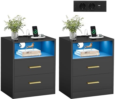 VASAGLE Custos Kollektion - Nachttisch mit Ladestation, 2er Set, LED-Beleuchtung, Beistelltisch, modern, mit Schubladen, 2 AC-Steckdosen und USB-Anschlüssen, tintenschwarz LET829BC01