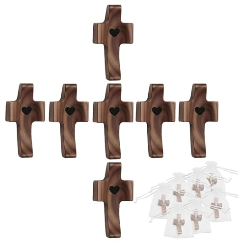 7 Stück Geschnitztes Holzkreuz, Handgehaltenes Schutzkreuz aus Holz, Jesus-Kreuz in Herzform zum Stressabbau, Daumenkreuz zum Gebet, Christliche Geschenke für Andachtsgebete, Taufe, Kommunion