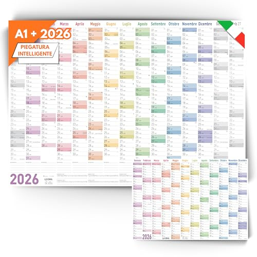 Calendario 2026 da Parete A1 XXL in Italiano 88x62 Cm Multicolor 15 Mesi e Planner Annuale A4 - Piegato Intelligentemente - Poster da Parete Grande Ideale per Organizzazione Familiare, Studio e Lavoro