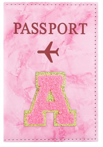 ILIYAH Personalized Initial Passport Holder – Pink Marble Chenille Letter, Waterproof PU Leather Passport Cover, Cute Travel Gift for Women and Girls