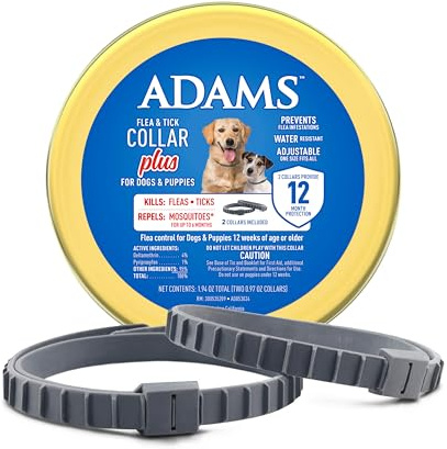 ADAMS Flea and Tick Collar Plus for Dogs & Puppies, 12 Months Protection Against Infestations, Kills Fleas & Ticks, Repels Mosquitoes for Up to 6 Months (Excl. California), One Size Fits All, 2 ct