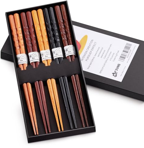 MFJUNS 5 Pairs Japanese Minimalist Reusable Chopsticks, 8.8 Inch Non-Slip Natural Wood Set - Ideal for Sushi, Noodles, Rice | Chopsticks Gift Set for Asian Cuisine Lovers