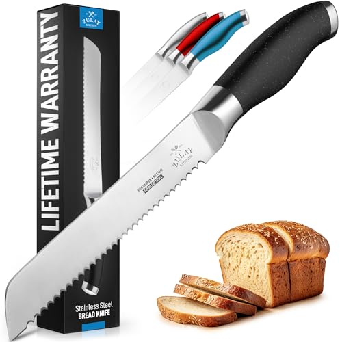 Zulay Kitchen Serrated Bread Knife - Ultra Sharp Stainless Steel Bread Knife for Homemade Bread, Cakes & Bagels - Razor Sharp Wavy Edge Bread Cutter & Slicer - 8-Inch Blade with 5-Inch Handle - Black