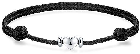 J.Endéar Fußkettchen Herz Silber 925 Damen Mädchen, Liebe Geschenk Geflochtene Seil Fußkettchen 32cm verstellbar Handmade Schwarz