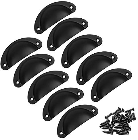 HQdeal 10PCS Poignée de Coquille Vintage, Bouton de Porte, Poignée de Meuble, Rétro Poignées de Porte en Fer Avec Vis pour Meuble Tiroir Armoire Cuisine Placard, 8,2 cm x 3,5 cm (Noir)