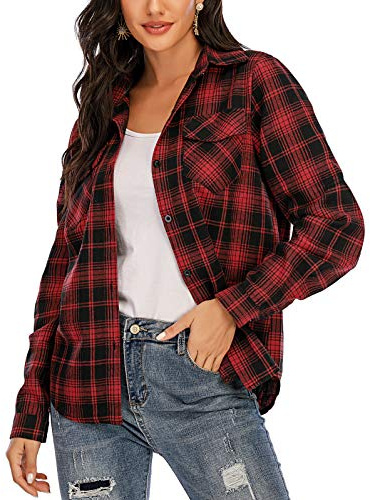 Enjoyoself Camisa Cuadros Mujer Franela 100% Algodón Camisa Leñador Blusas Basiccon Botones Camisetas Cuello en V Manga Larga Casual Oficina Básico Vintage Western