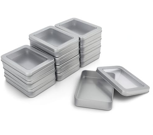 Goodma 12 Pieces Rectangular Empty Metal Tins Home Storage Containers Organizer Mini Box with Clear Window Lid, 4.5 x 3.35 x 0.87 inch (Silver)
