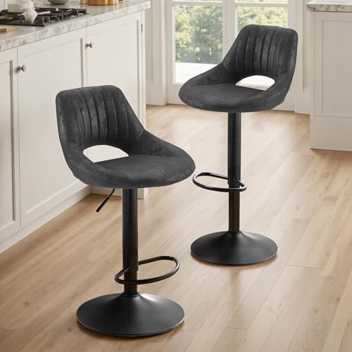 Zouron Taburete de Bar – Juego de 2 Piezas de Piel sintética, Silla Alta Retro, Altura Ajustable y giratoria 360°, Silla de Bar con reposapiés y Respaldo para encimeras de Bar y Cocina, Color Negro