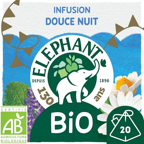 Elephant, Infusion Bio Douce Nuit, Goût Camomille, Mélisse et Lavande, Bien Etre et Relaxation, Ingrédients d'Origine 100% Naturelle, 20 Sachets Pyramid