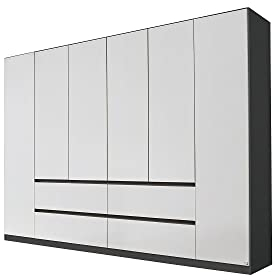 Rauch Möbel Mainz Schrank Kleiderschrank Drehtürenschrank Weiß-Grau metallic, Schwarz, 6-türig mit 4 Schubladen inkl. Zubehörpaket Basic 4 Einlegeböden, 4 Kleiderstangen, grifflos BxHxT 271x210x54 cm