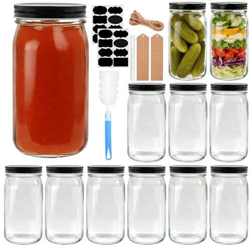 QAPPDA 32 OZ Glass Jars with Lids Set of 12,Clear Wide Mouth 1000ML Glass Mason Jar with Airtight Lid,Durable Glass Food Storage Canning Jars for Pickles,Jams,Preserving