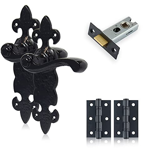 XFORT Smithy's Range Fleur De LYS spakspärrpaket svart antik, komplett set med dörrhandtag, 65 mm rörformad spärr och 75 mm gångjärn, rustika spärrdörrhandtag set för inre trädörrar.