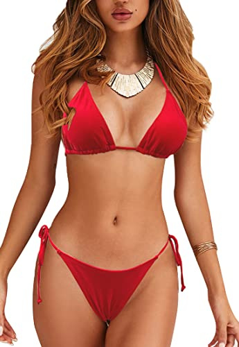 JFAN Bikini Sets for Women Triangle Top Tie Side String Bikini Swimsuit Bottoms High Waisted Two Piece Swimsuits Red-A L