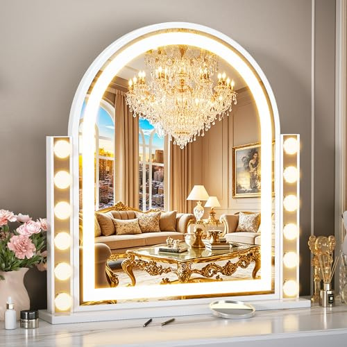 FENCHILIN Belyst sminkspegel 59,5x57 cm Hollywoodspegel med 12 dimbara lampor och ljusramp, 3 färglägen, bågformad spegel med pekkontroll, HD-härdat glas, vit