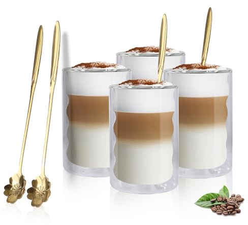 Hniuyun Lot de 4 tasses à café en verre transparent à double paroi, 400 ml avec cuillère, tasses en verre isotherme pour cappuccino, lait, thé, expresso, boissons chaudes