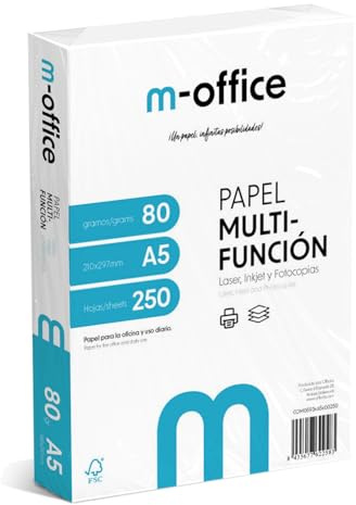 M-Office A5-Pack 80 Gr Multifunktionspapper - 250 Ark för Bläckstråle- och Laserskrivare, 148 x 210 mm - Perfekt för Kontoret och Hemmet