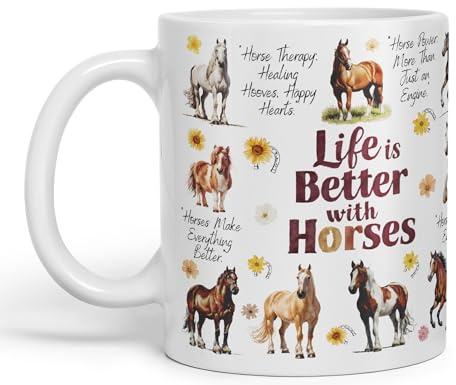 Vixar Life is Better with Horses häst skämt keramisk färgad mugg kopp för te kaffe varmt brygd 330 ml 325 ml gåva (vit)