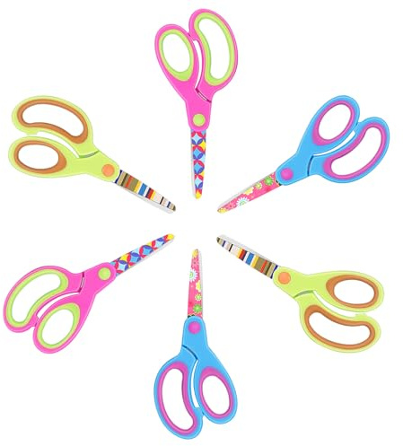 Forbici per bambini, con impugnatura morbida, adatte per uso domestico e scolastico, indicate per bambini dai 3 anni in su, disponibili nei colori rosa, blu e verde acqua, confezione da 6 pezzi.