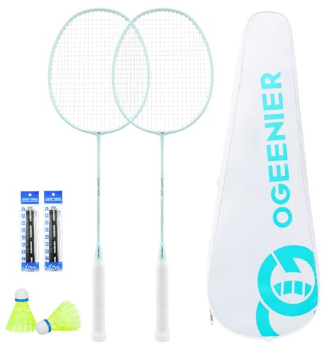 OGEENIER Badminton Rackets Set of 2, Lightweight Badminton Racquet Set for Backyards and Outdoor Games, Includes 2 Nylon Birdies, 2 Badminton Grips and 1 Carrying Bag