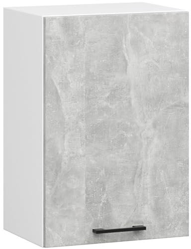 AKORD | Küchenhängeschrank - Oliwia W50 | 2 Regalböden & 1 Tür Küche Schrank | Einbauküche Küchenzeile Küchenmöbel Küchenschränke Weiß & Beton