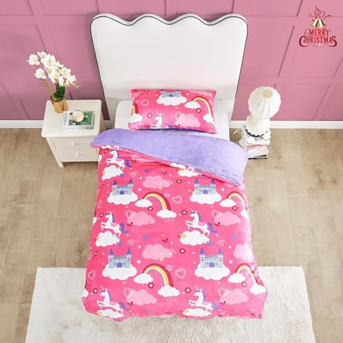 GC GAVENO CAVAILIA Unicorn Toddler Kids Children's Teddy Fleece Duvet Cover Set with Matching Pillowcase Unicorn Rainbow Warm Bed Set Single, Multi