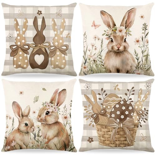 4 Stück Kissenbezug Ostern,40x40cm Osterdeko Leinen Kissenhülle,Osterdeko,Frühling Urlaub Kissenbezug Dekoration,Osterhase Kissenhülle,Hase Kissenbezüge Häschen Ostereiern,Für Zierkissenhülle Sofa (B)