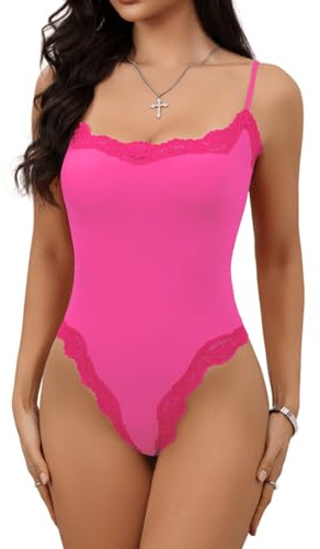 Starrylion Bodysuis for Women Trendy Pink Lace Tank Top Cami Body Suit M