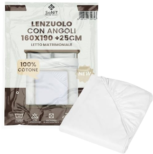 Sonit – Spannbettlaken für Doppelbett, 160 x 190 cm, weiß, Spannbettlaken für Doppelbett, atmungsaktive Baumwolle, pflegeleicht