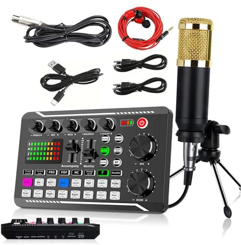 Kit de microphone pour podcast, micro à condensateur BM-800 avec kit de carte son F998 en direct, ensemble d'équipement de podcast avec fonctions de changement de voix et de mixage pour