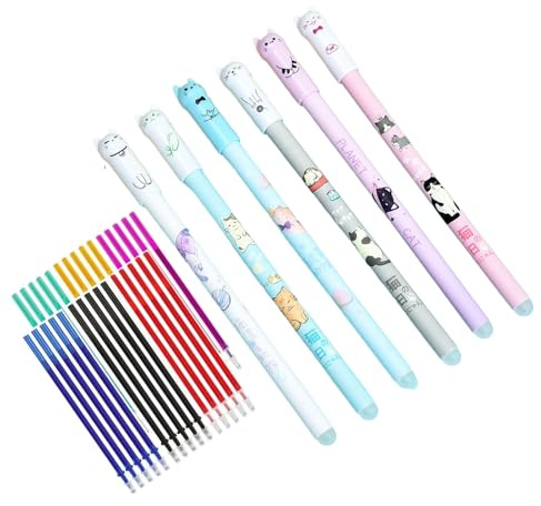Penne cancellabili, strumenti di scrittura a, 15 cm, cancellazione liscia e pulita, design ricaricabile, penne a inchiostro con motivo gatto da 0,5 mm per bambini, studenti, ufficio, aula