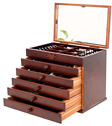 Ryanong Grande portagioie in legno da donna, organizer con serratura con 5 cassetti, ideale per anelli e collane, elegante armadietto per ragazze e appassionati di gioielli