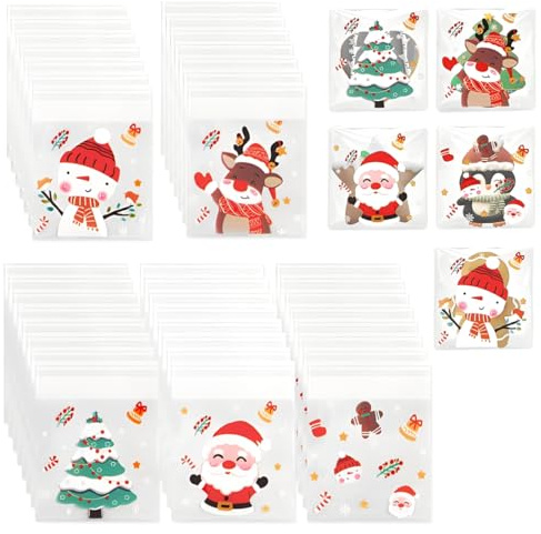 EIHI 100 Pezzi Autoadesivi Sacchetti di Natale, Bustine Richiudibili Con Chiusura, Sachetti Plastica Per Alimenti, Sacchetti per l'imballaggio di Caramelle, Cioccolata, Snack, Biscotti, ecc