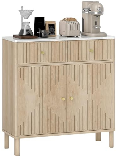 HOMCOM Aparador de cocina con 2 cajones silenciosos y tablero de apoyo efecto mármol, mueble de cocina con armario y estante ajustable, muebles aparador para salón comedor 77 x 30 x 80 cm, roble